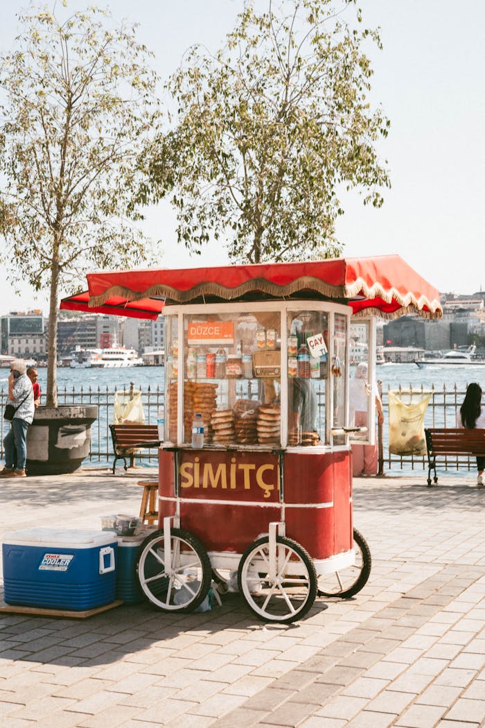 A vibrant simit cart by the waterfront in Türkiye, showcasing local Turkish street food.